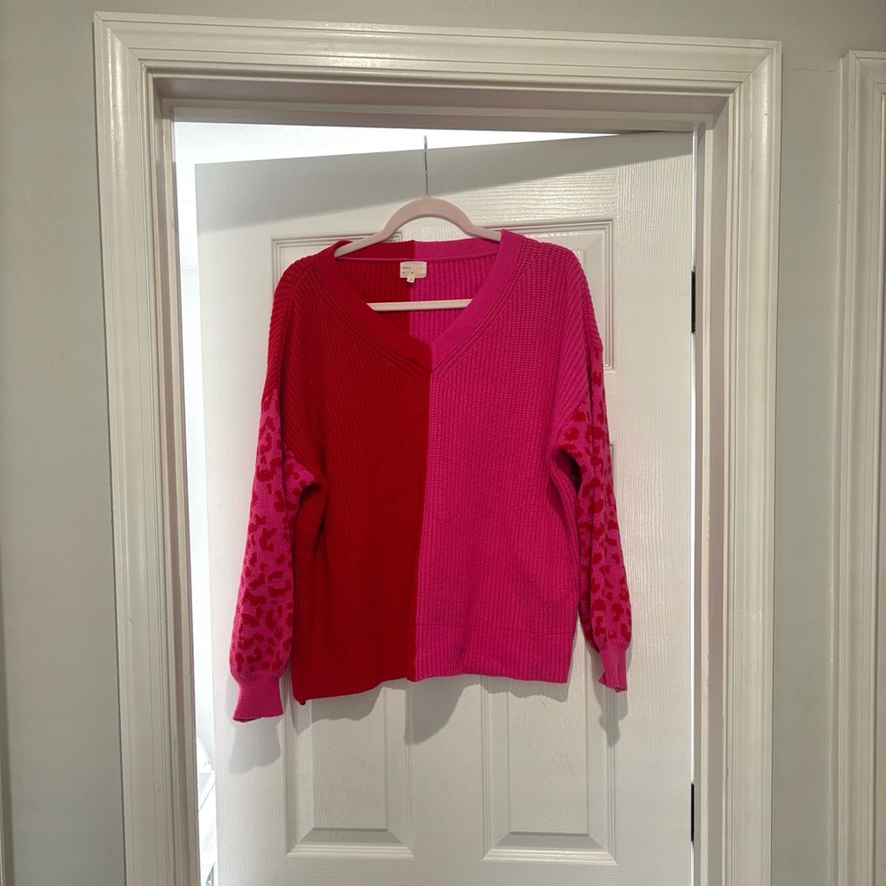 Colorblock leopard print V-Neck Sweater - Pink/Red